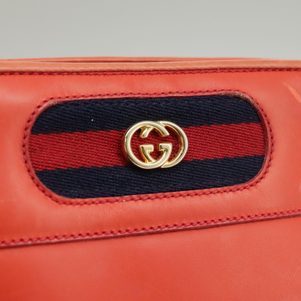 GUCCI Sherry Line Shoulder Bag Leather Orange Navy Red Auth 100717