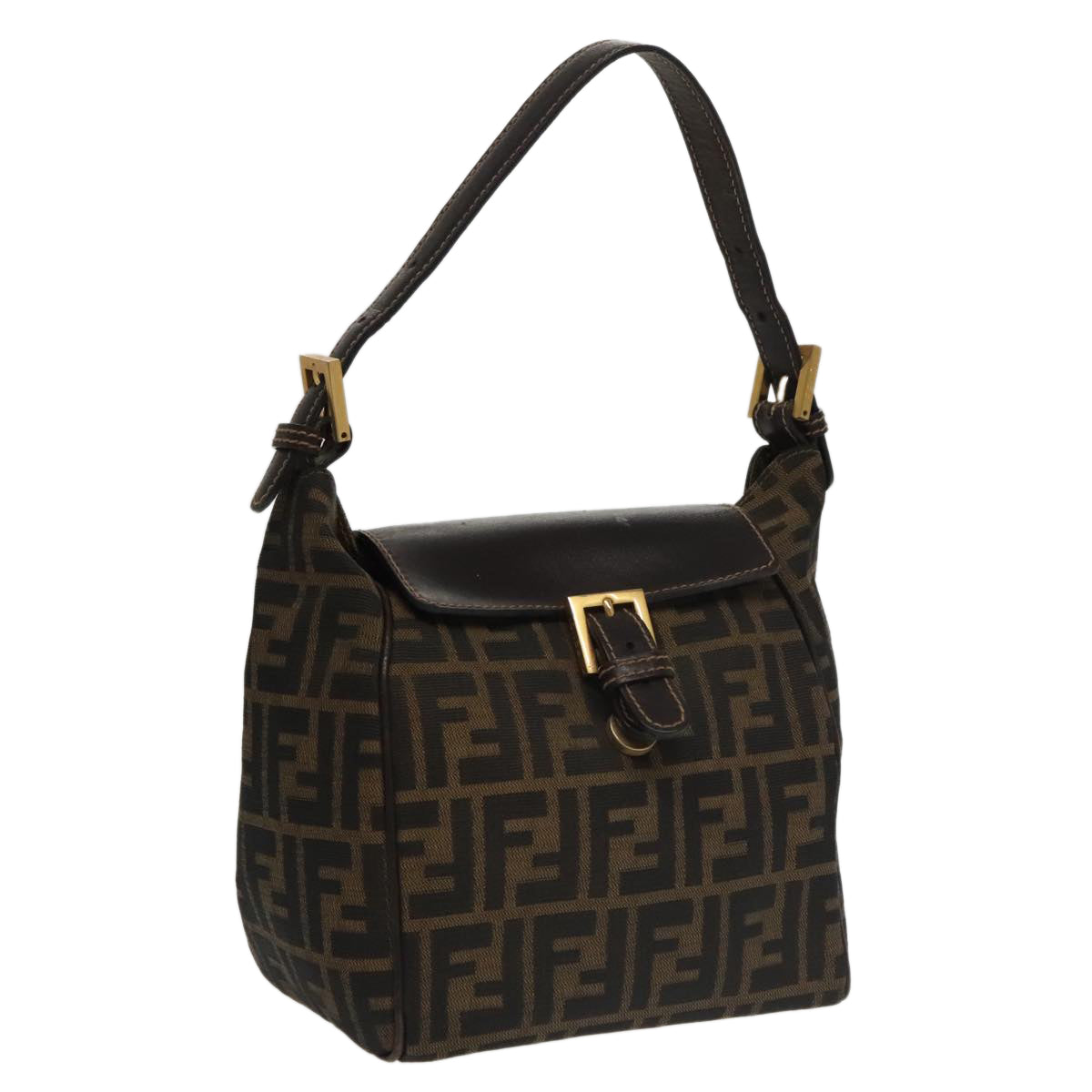 FENDI Zucca Canvas Hand Bag Brown Black gold Auth 100727