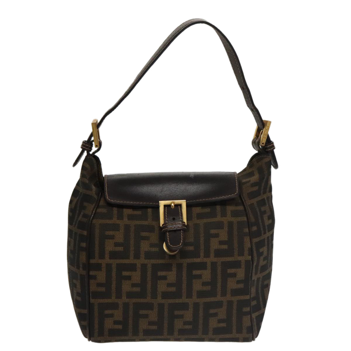 FENDI Zucca Canvas Hand Bag Brown Black gold Auth 100727