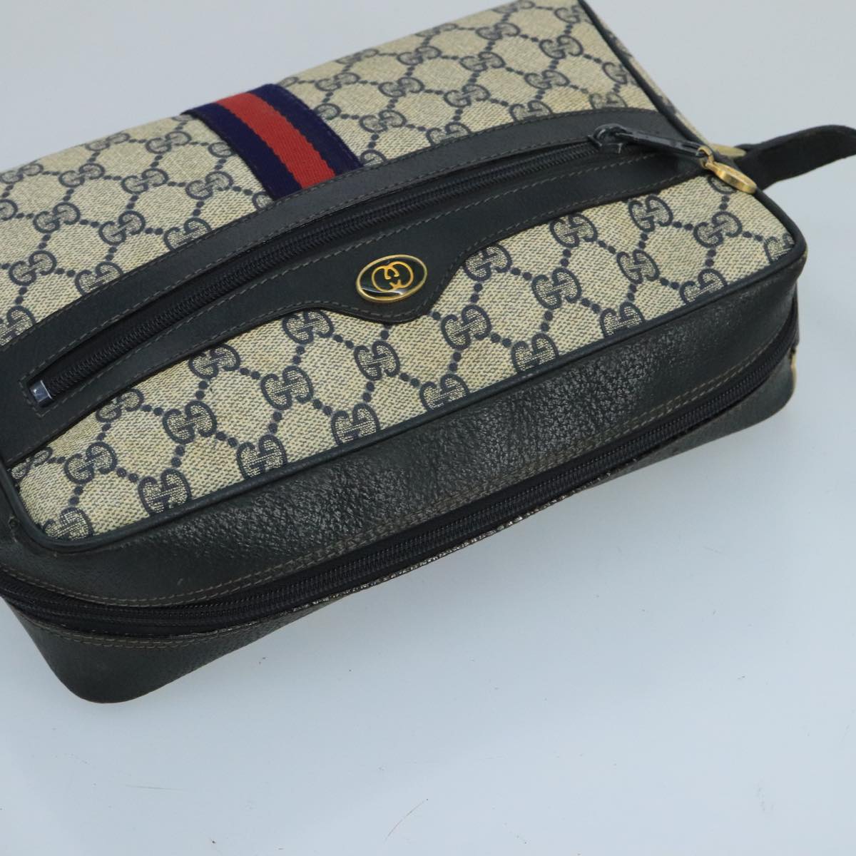 GUCCI GG Supreme Sherry Line Shoulder Bag PVC Red Navy gold Auth 100760