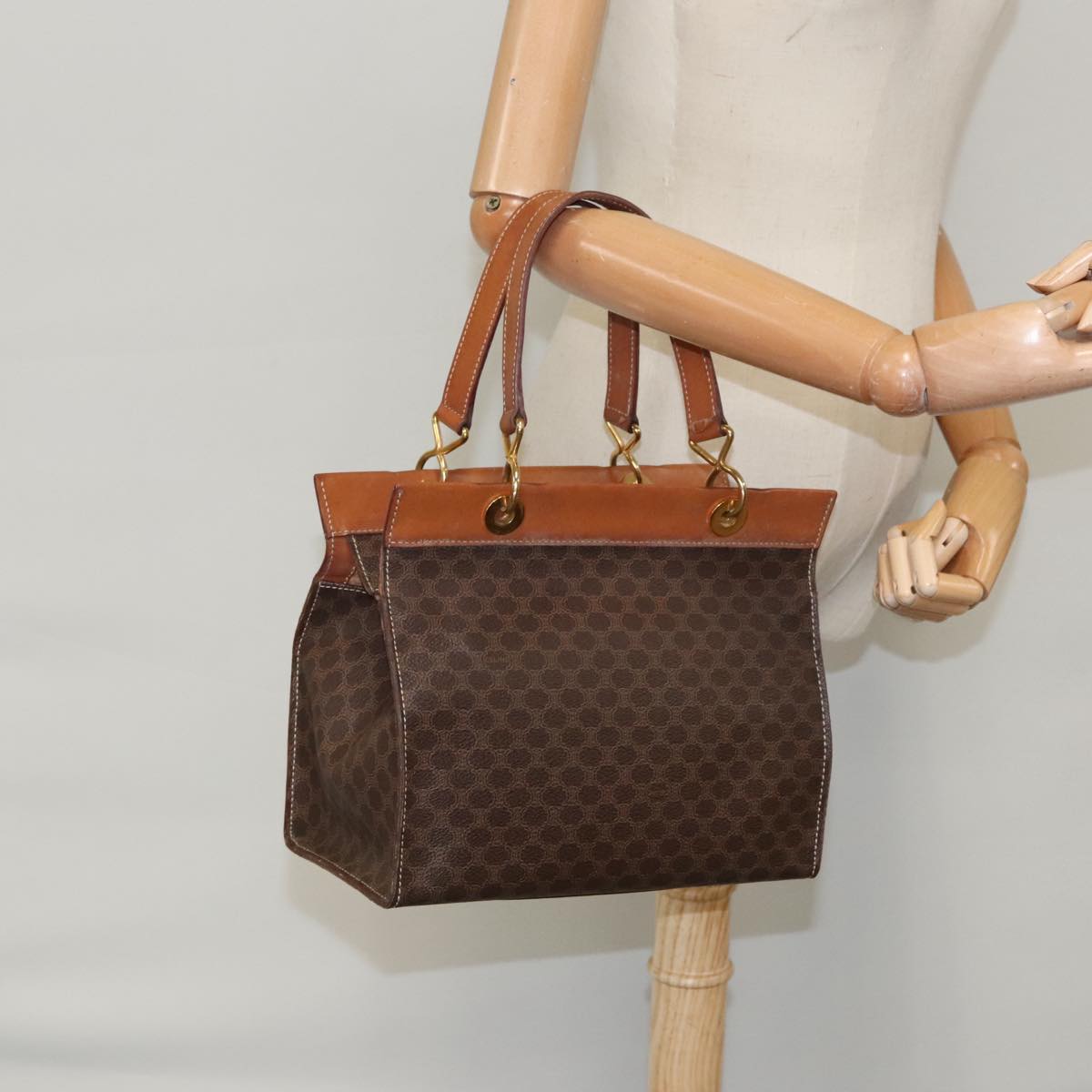 CELINE Macadam Canvas Hand Bag PVC Leather Brown Gold Auth 100885