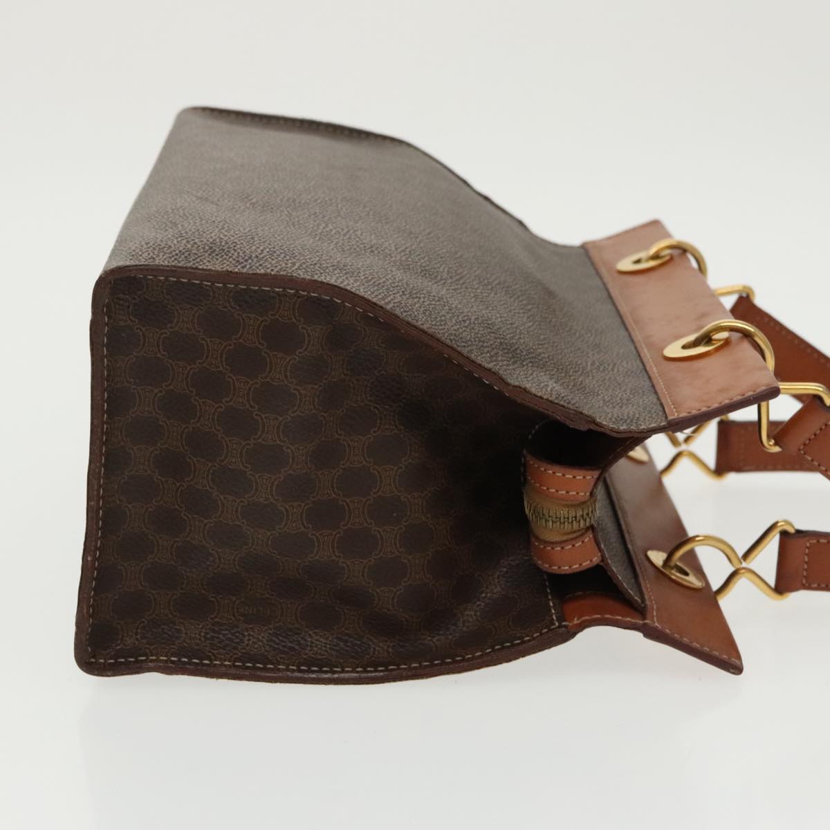 CELINE Macadam Canvas Hand Bag PVC Leather Brown Gold Auth 100885