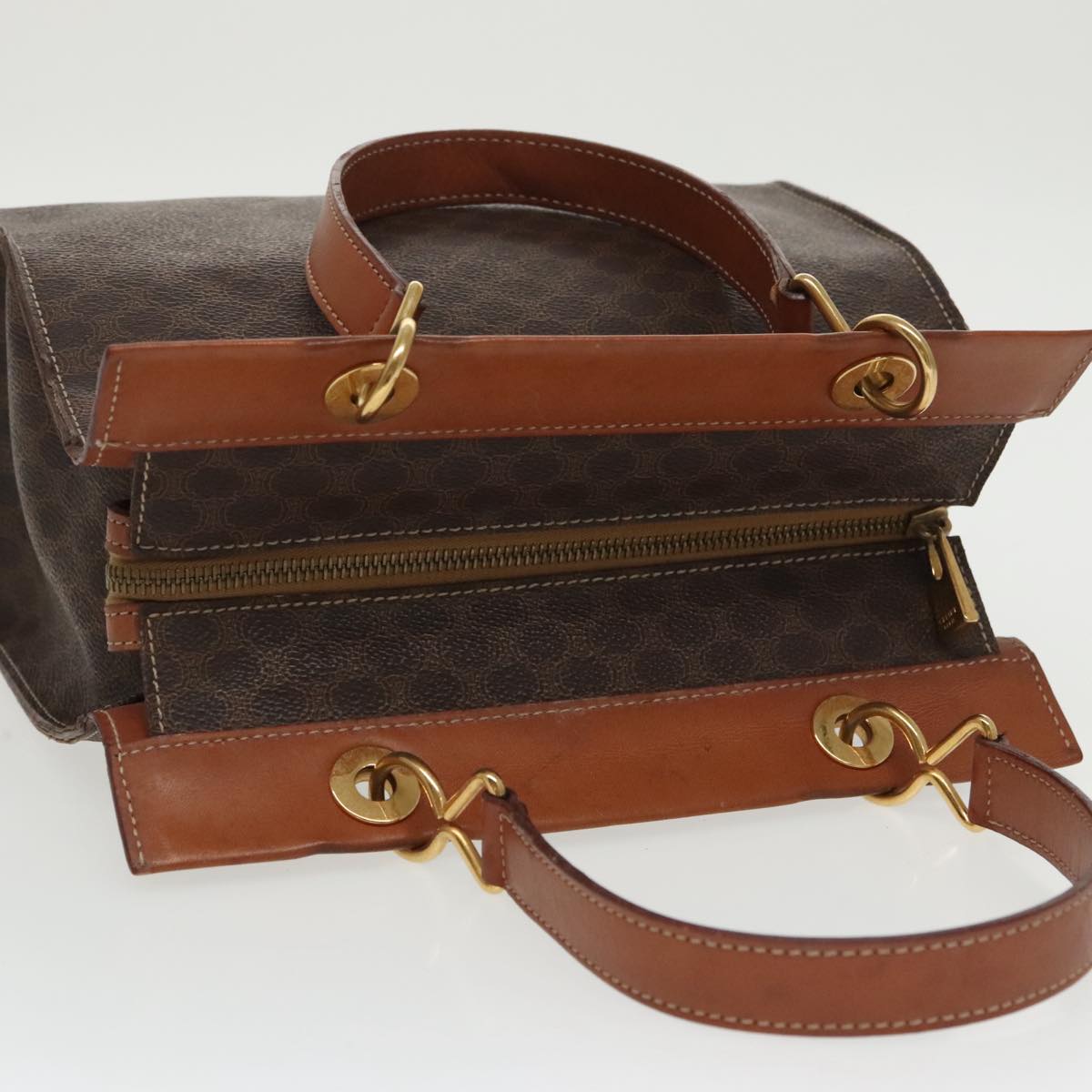 CELINE Macadam Canvas Hand Bag PVC Leather Brown Gold Auth 100885