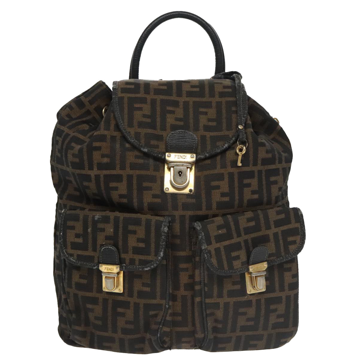 FENDI Zucca Canvas Backpack Brown Black gold Auth 101005