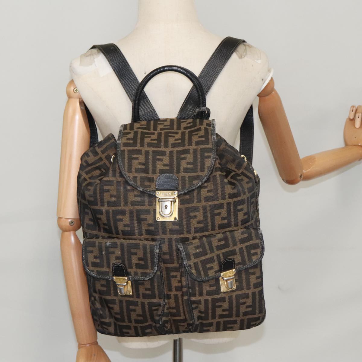 FENDI Zucca Canvas Backpack Brown Black gold Auth 101005