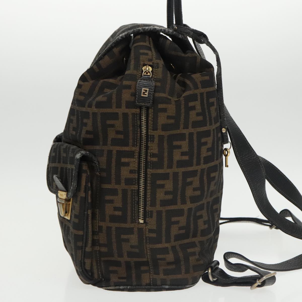 FENDI Zucca Canvas Backpack Brown Black gold Auth 101005