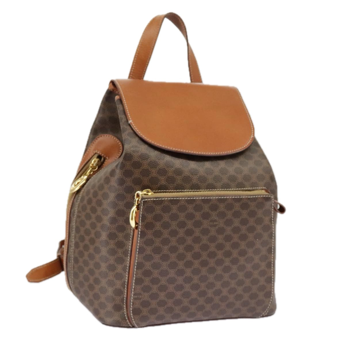 CELINE Macadam Canvas Backpack PVC Leather Brown Gold Auth 101017