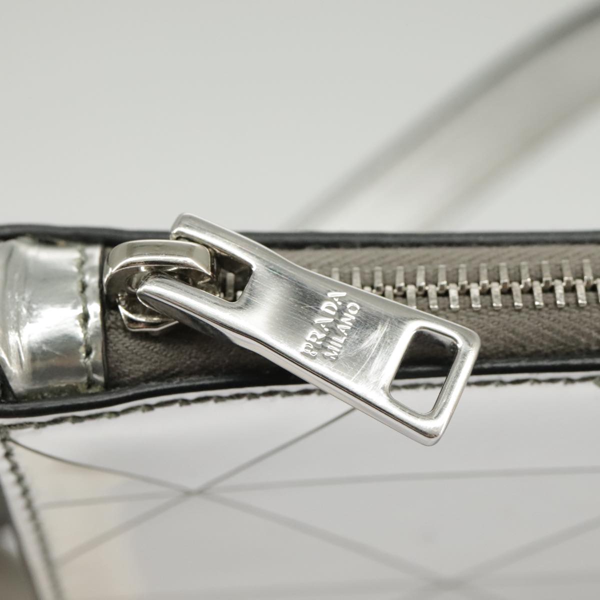 PRADA Accessory Pouch Metallic leather Silver Auth 101052SAM