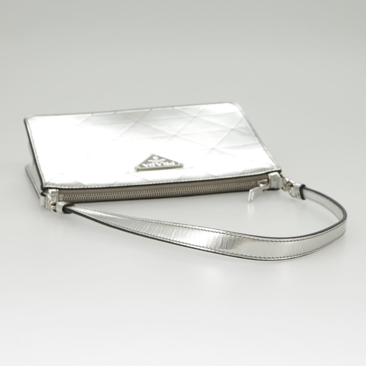 PRADA Accessory Pouch Metallic leather Silver Auth 101052SAM