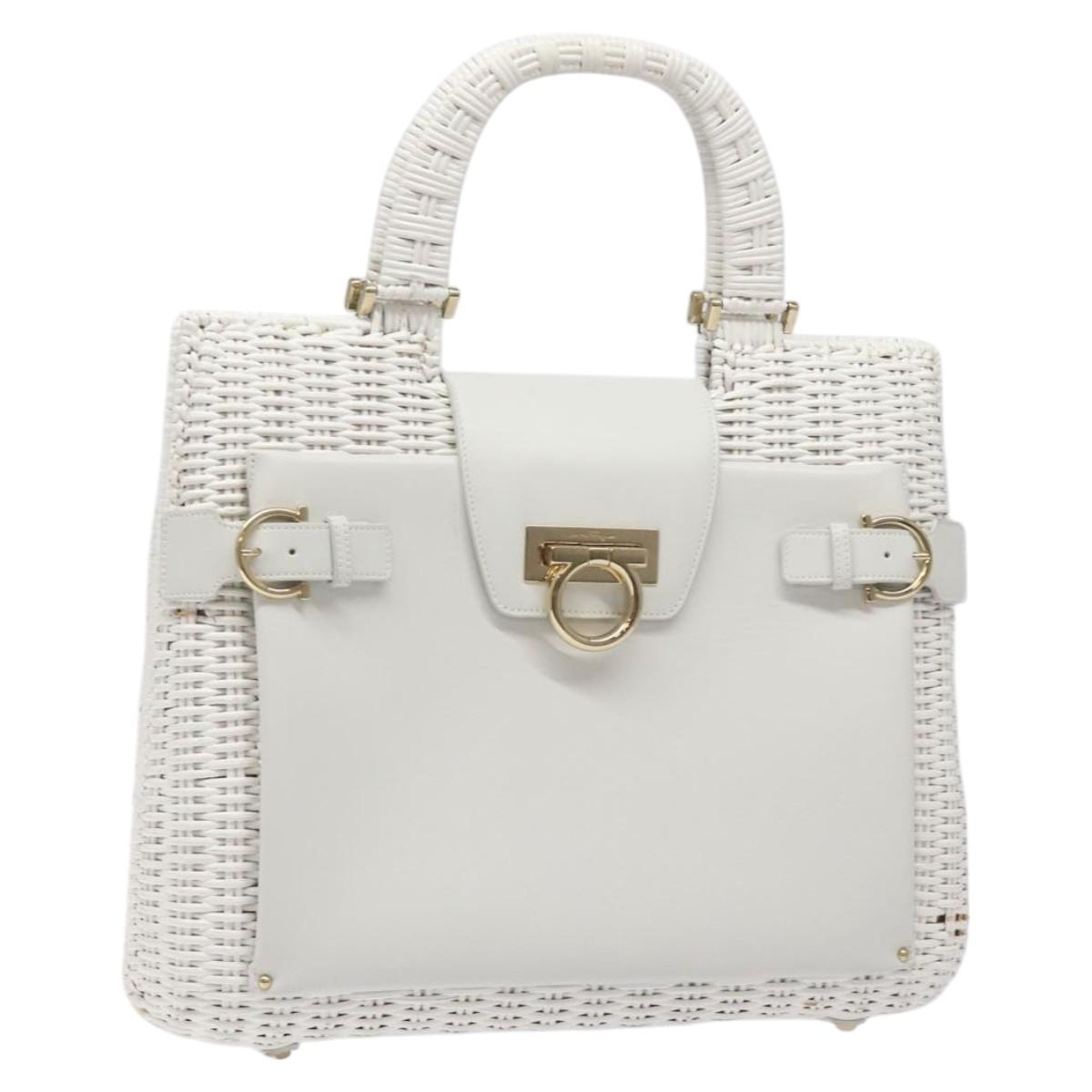 Salvatore Ferragamo Gancini Hand Bag Wicker White Auth 101078