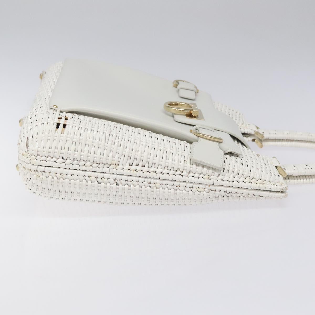 Salvatore Ferragamo Gancini Hand Bag Wicker White Auth 101078