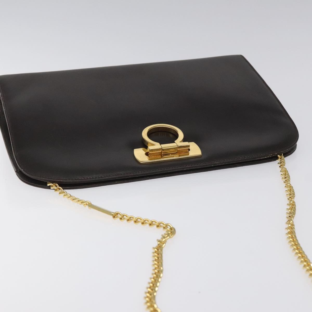 Salvatore Ferragamo Gancini Chain Shoulder Bag Leather Brown Gold Auth 101093