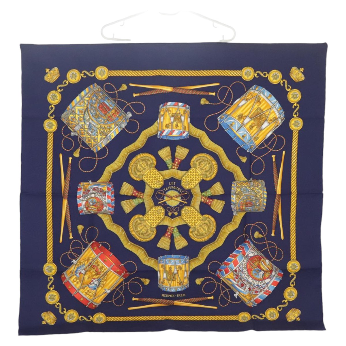 HERMES Carre 90 Scarf ""LES TAMBOURS"" Silk Blue Yellow Auth 101163