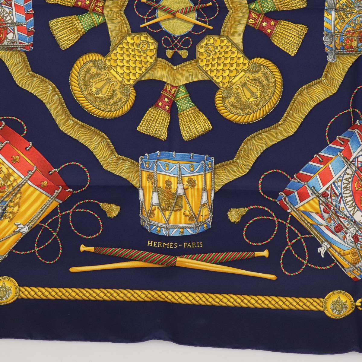 HERMES Carre 90 Scarf ""LES TAMBOURS"" Silk Blue Yellow Auth 101163