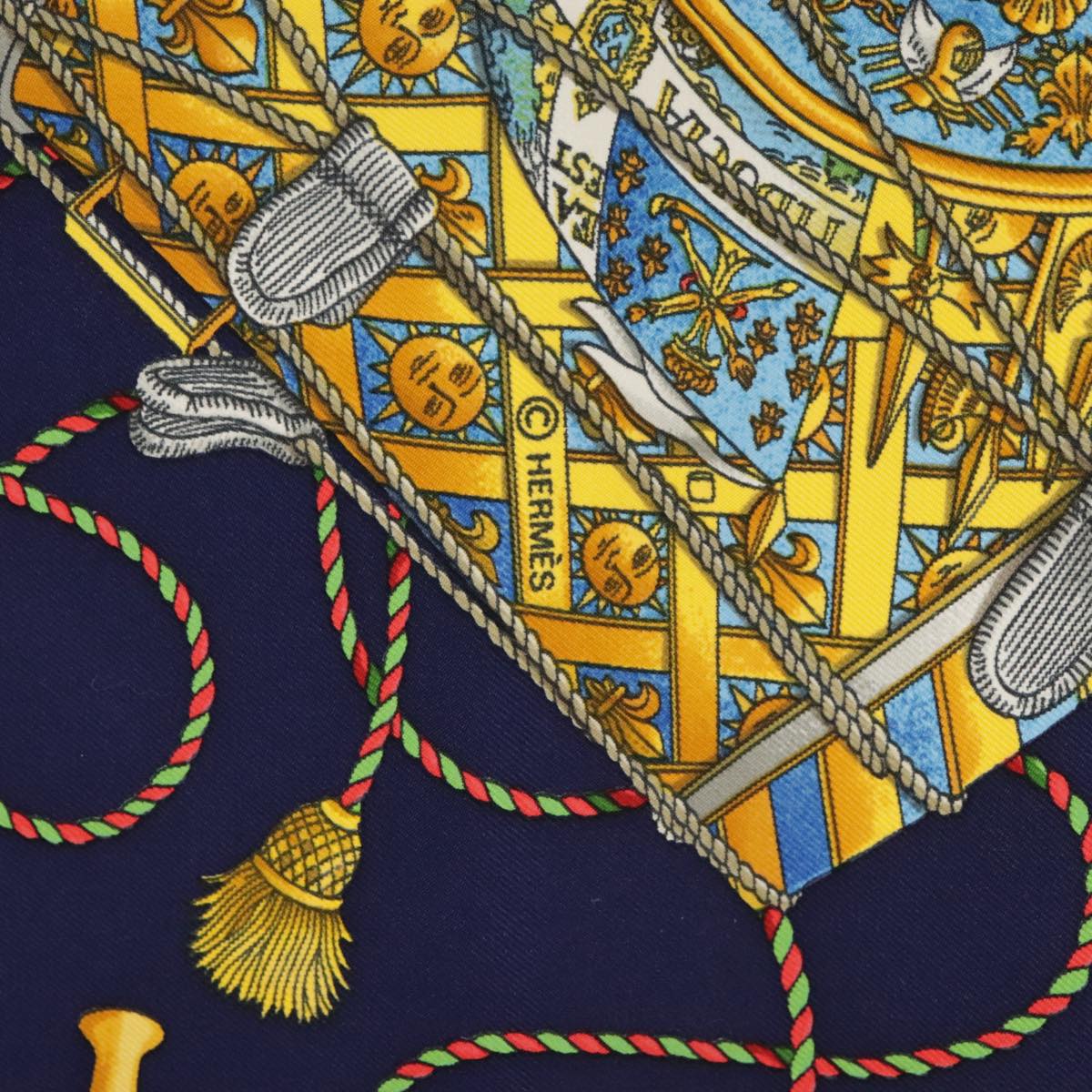 HERMES Carre 90 Scarf ""LES TAMBOURS"" Silk Blue Yellow Auth 101163