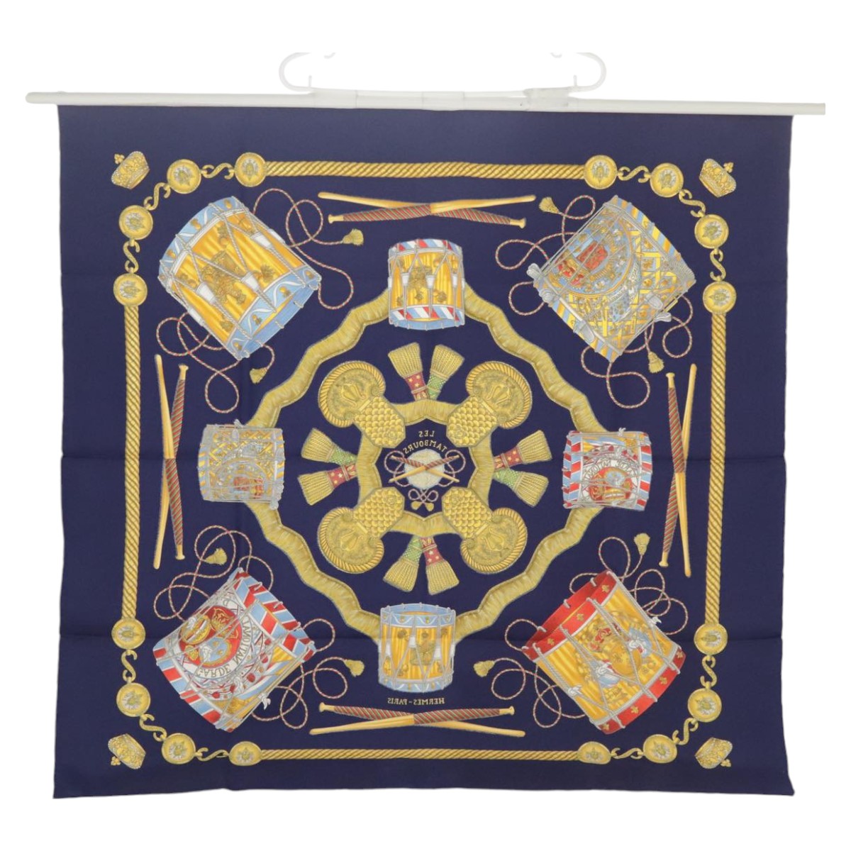 HERMES Carre 90 Scarf ""LES TAMBOURS"" Silk Blue Yellow Auth 101163