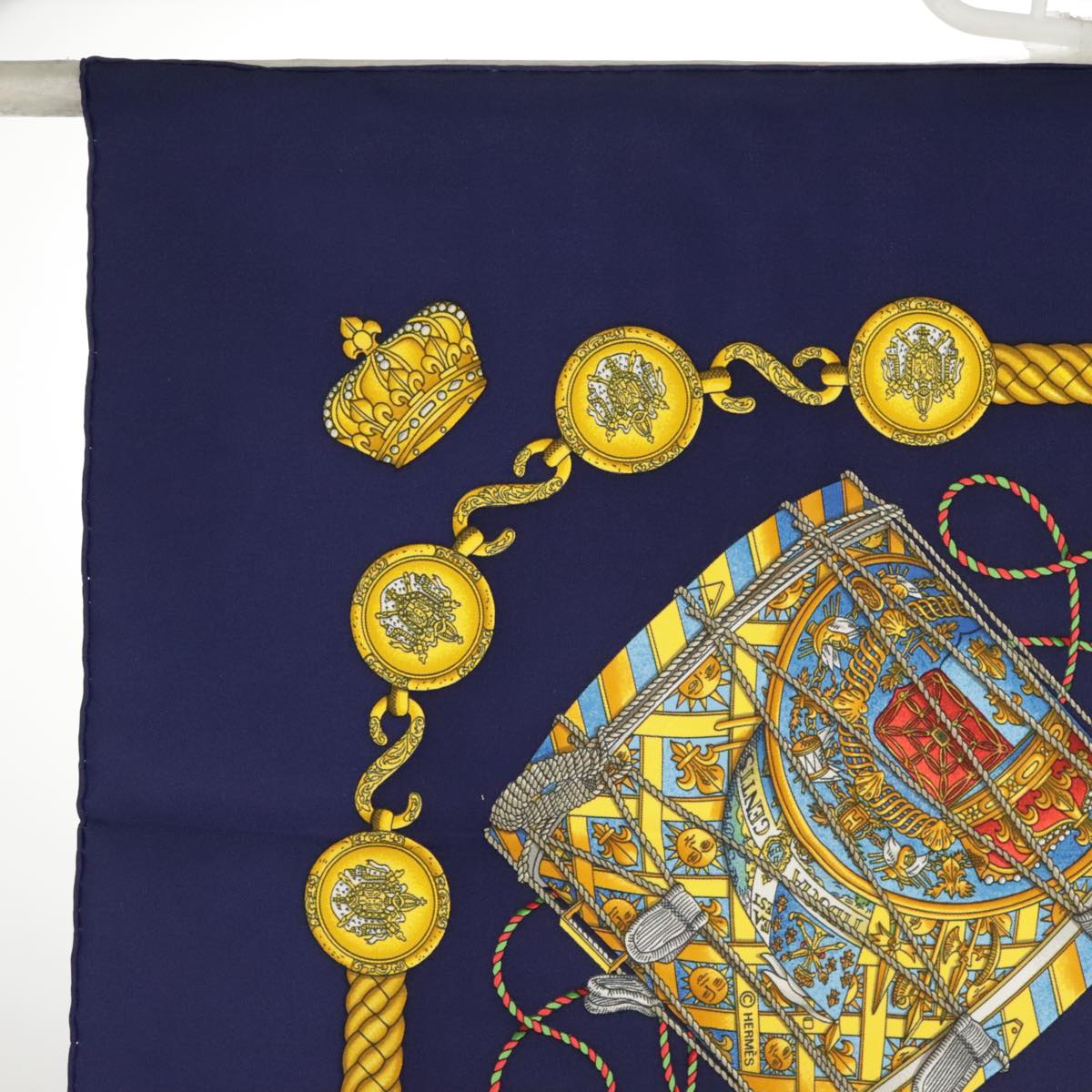 HERMES Carre 90 Scarf ""LES TAMBOURS"" Silk Blue Yellow Auth 101163