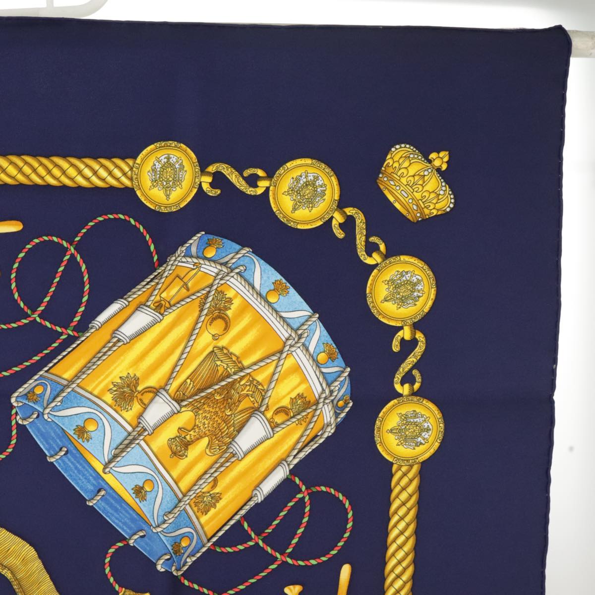 HERMES Carre 90 Scarf ""LES TAMBOURS"" Silk Blue Yellow Auth 101163