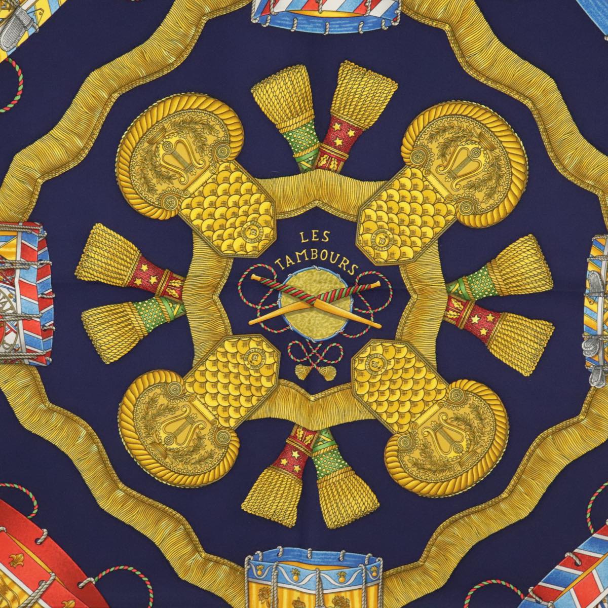 HERMES Carre 90 Scarf ""LES TAMBOURS"" Silk Blue Yellow Auth 101163