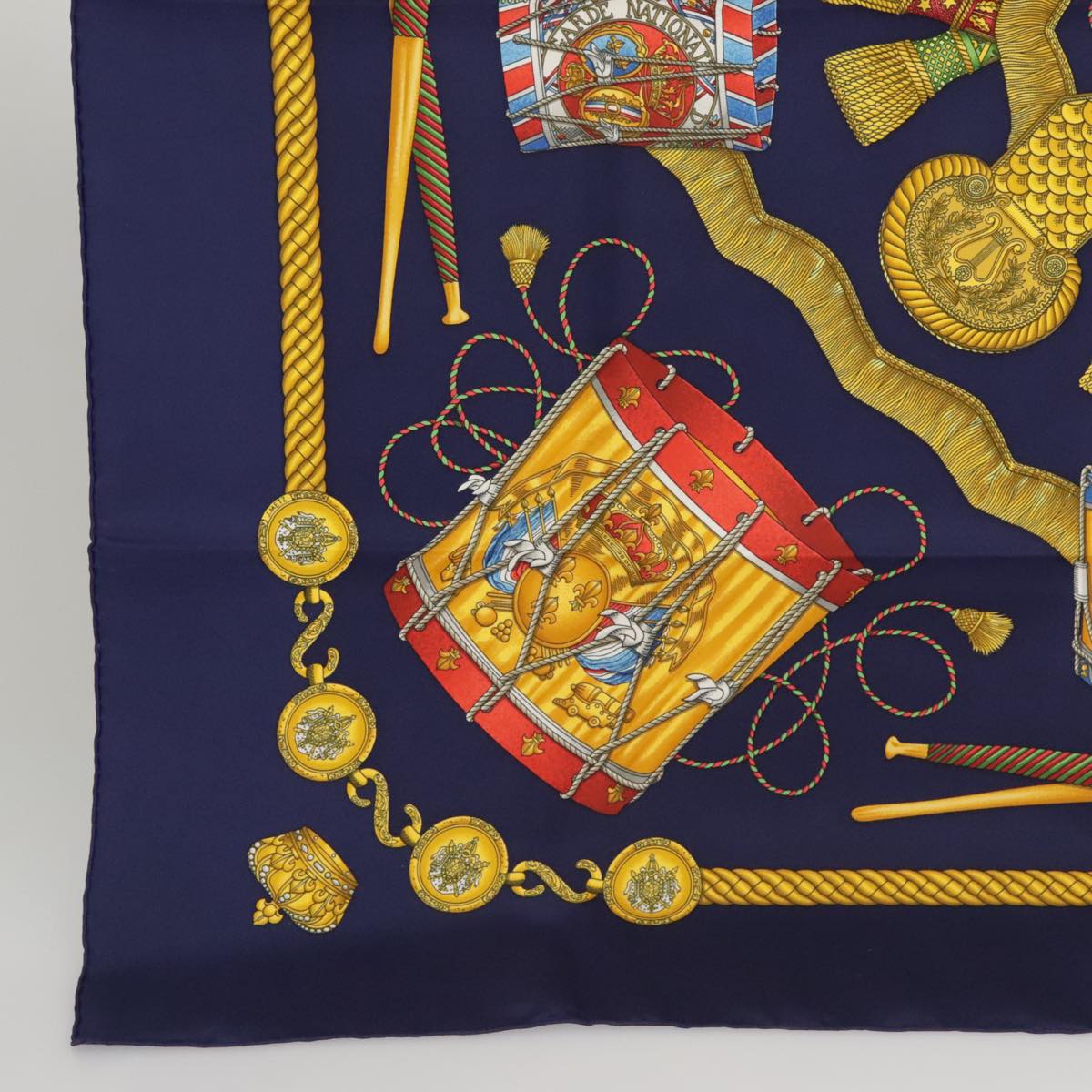 HERMES Carre 90 Scarf ""LES TAMBOURS"" Silk Blue Yellow Auth 101163