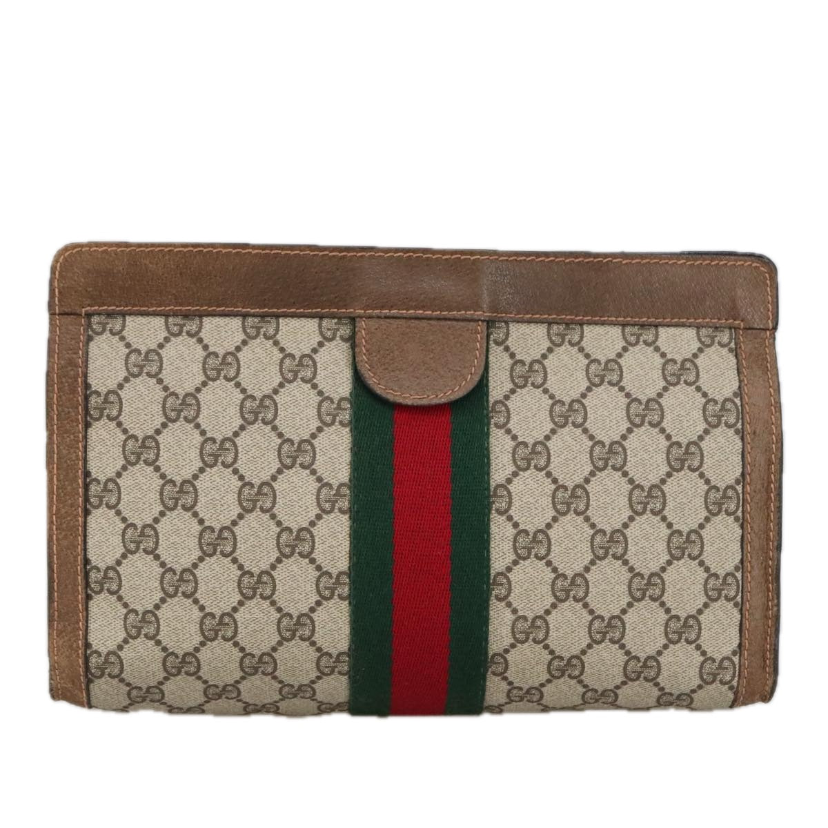 GUCCI GG Supreme Web Sherry Line Clutch Bag PVC Beige 37 014 2125 Auth 101180