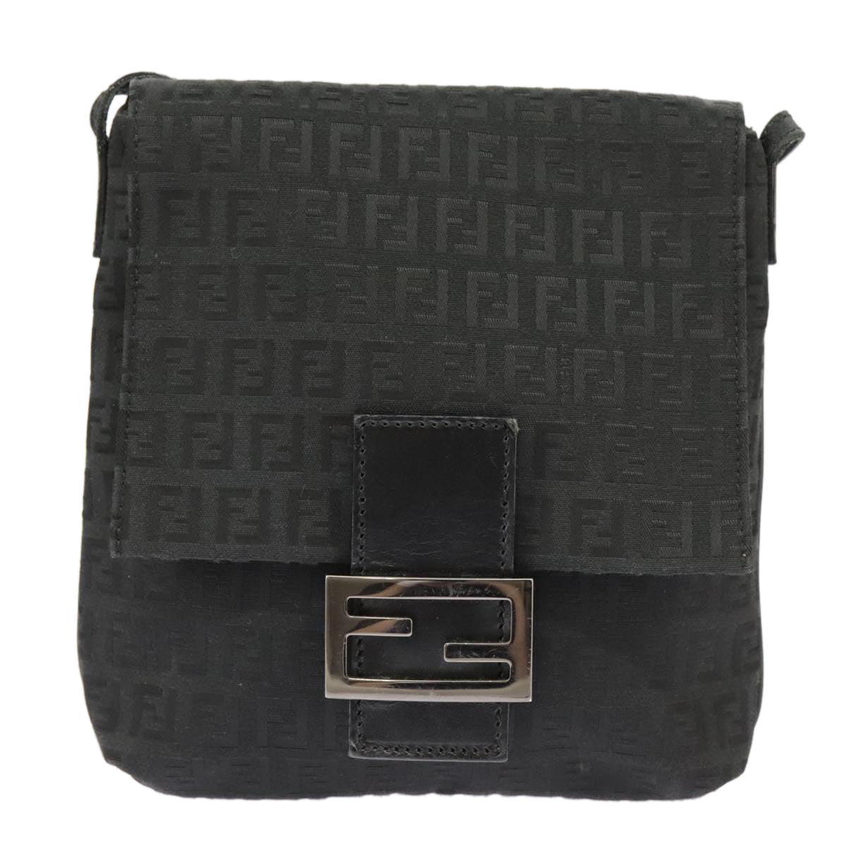 FENDI Zucchino Canvas Mamma Baguette Shoulder Bag Black Auth 101222