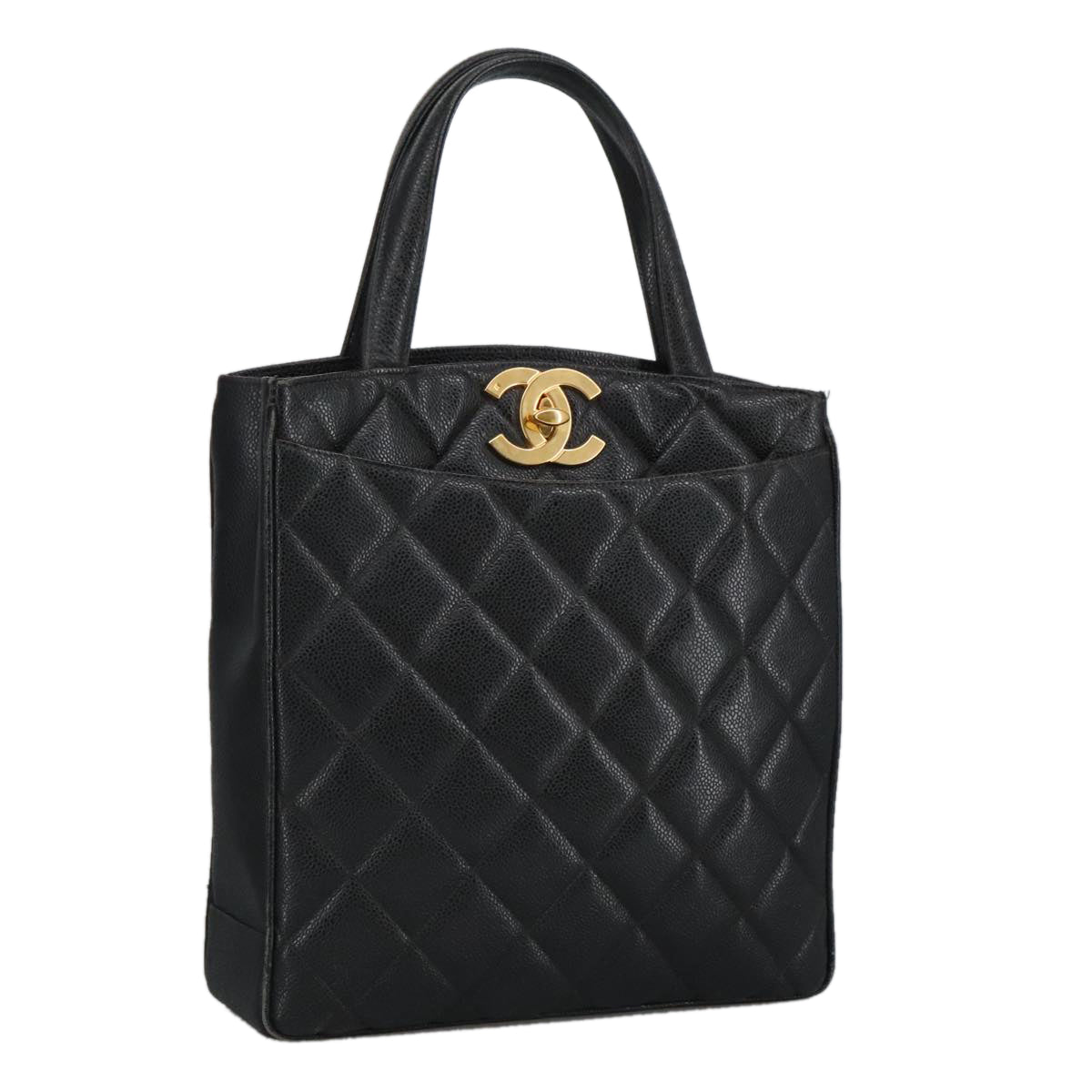 CHANEL Matelasse Hand Bag Caviar Skin Black CC Auth 101307M