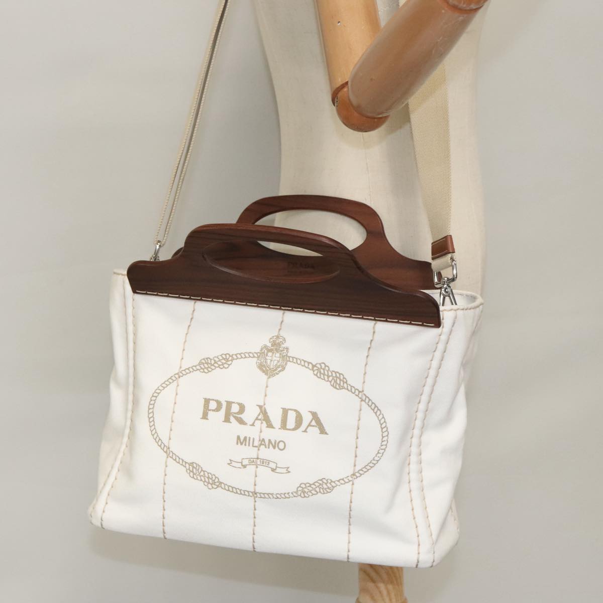 PRADA Canapalage Hand Bag Canvas White Silver 1BG350 Auth 101308SV