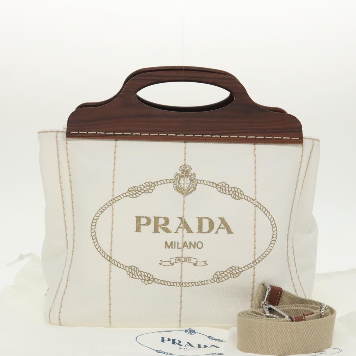 PRADA Canapalage Hand Bag Canvas White Silver 1BG350 Auth 101308SV
