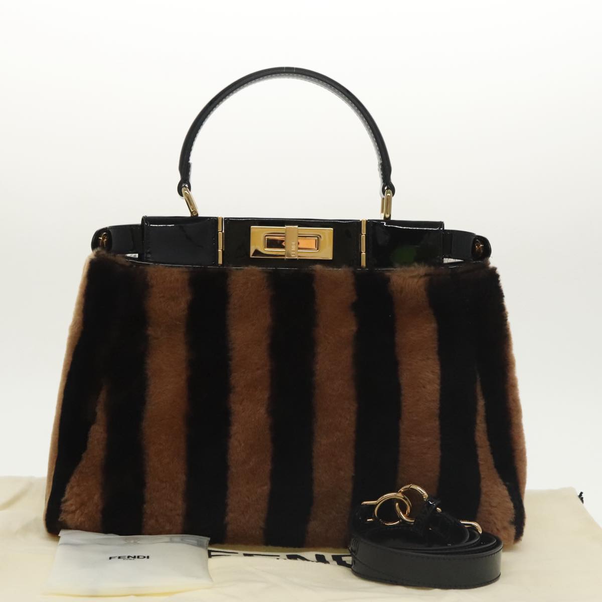 FENDI Pecan Peek A Boo Regular Hand Bag Mouton 2way Black Brown Auth 101314SV