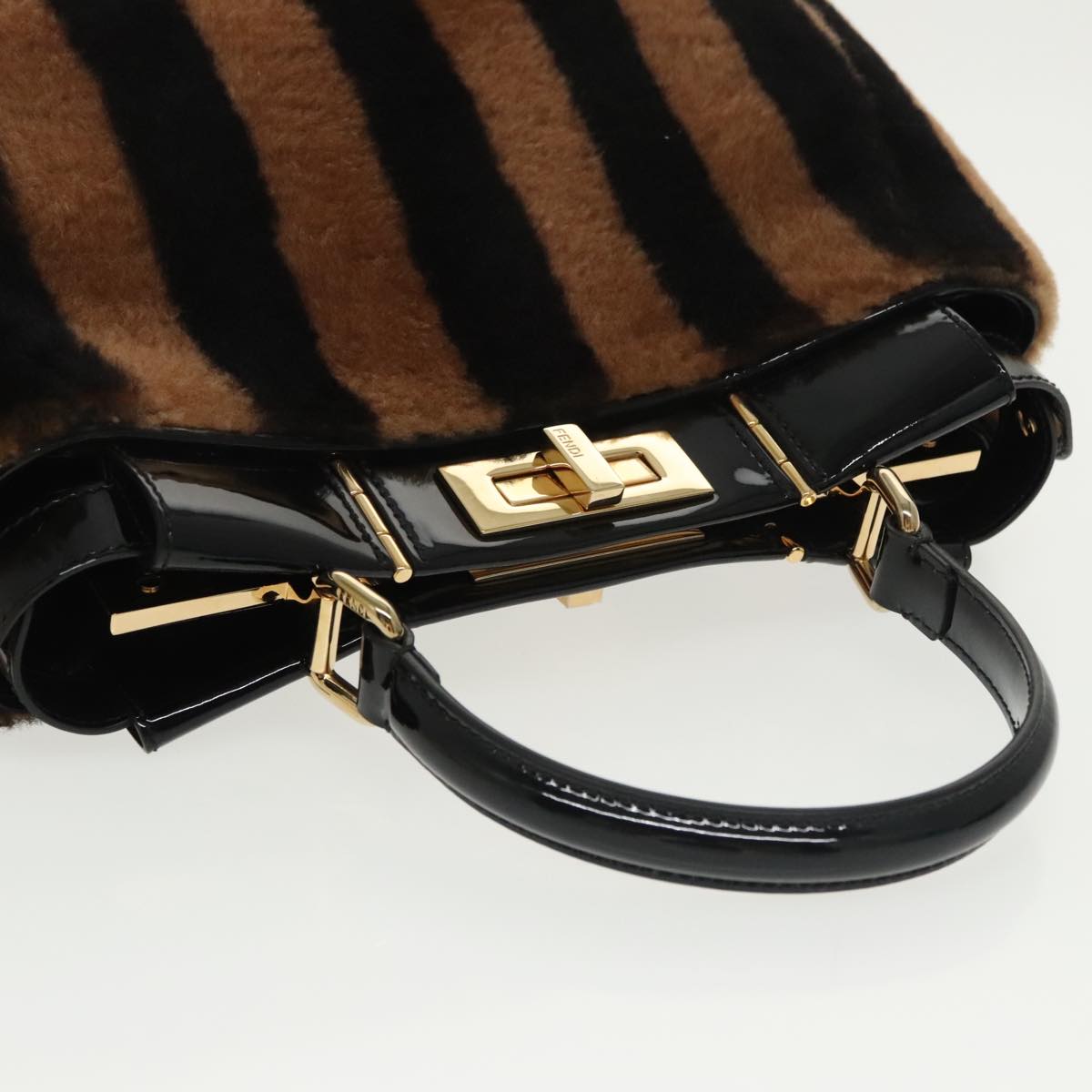 FENDI Pecan Peek A Boo Regular Hand Bag Mouton 2way Black Brown Auth 101314SV