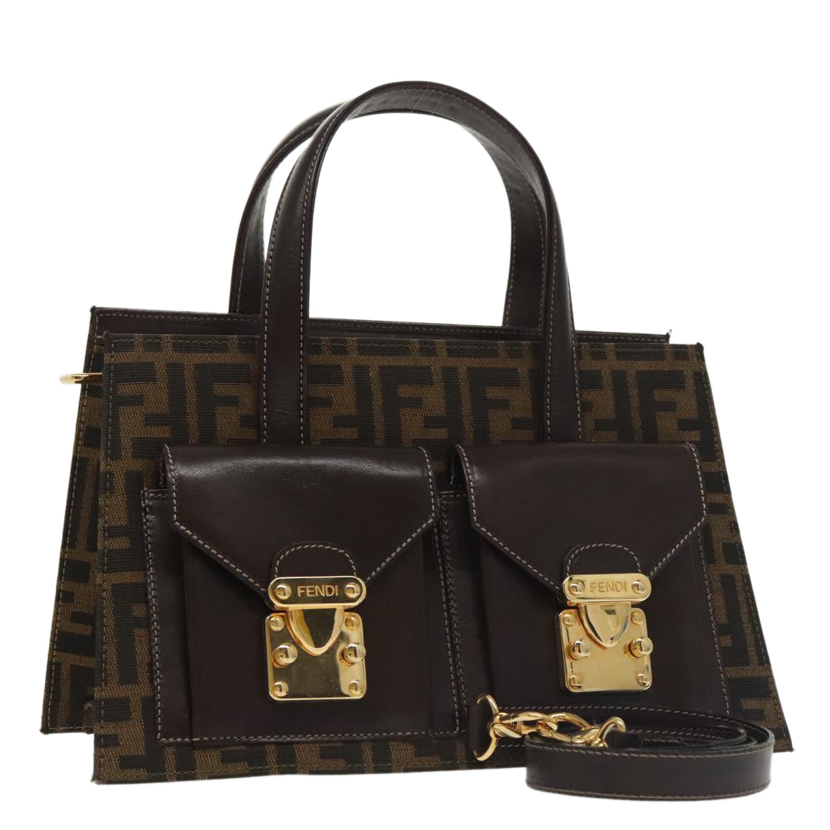 FENDI Zucca Canvas Hand Bag 2way Brown Black gold Auth 101320SAV