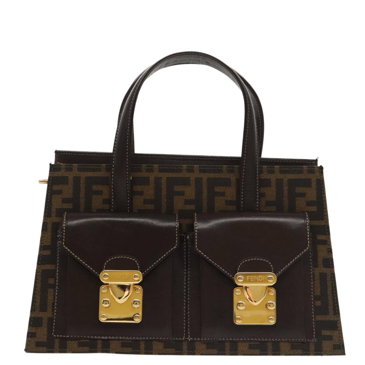 FENDI Zucca Canvas Hand Bag 2way Brown Black gold Auth 101320SAV