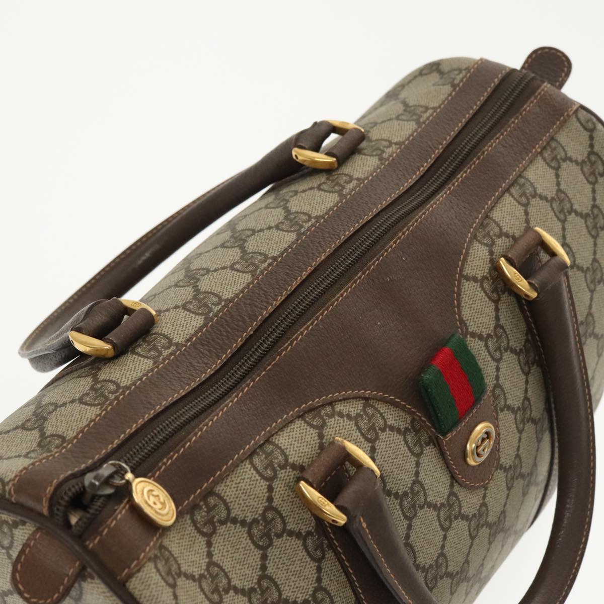 GUCCI GG Supreme Web Sherry Line Boston Bag PVC Beige Red 40 02 007 Auth 101456