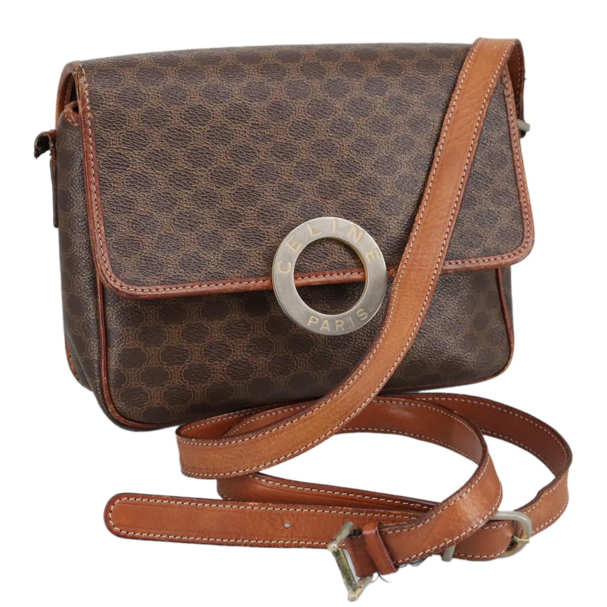 CELINE Macadam Canvas Circle Shoulder Bag PVC Leather Brown Auth 101470