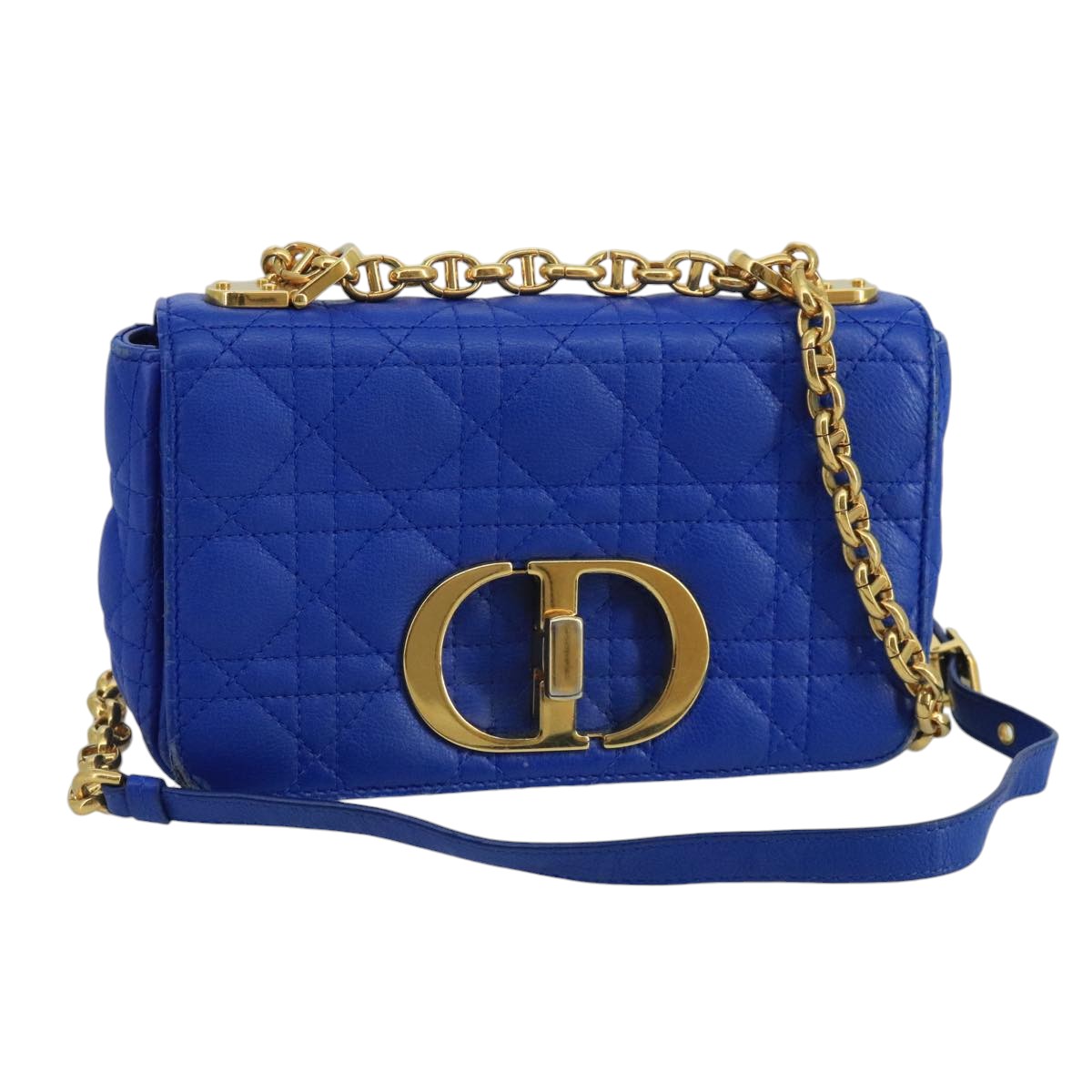 Christian Dior Canage Chain caro Shoulder Bag Leather Blue Gold Auth 101549