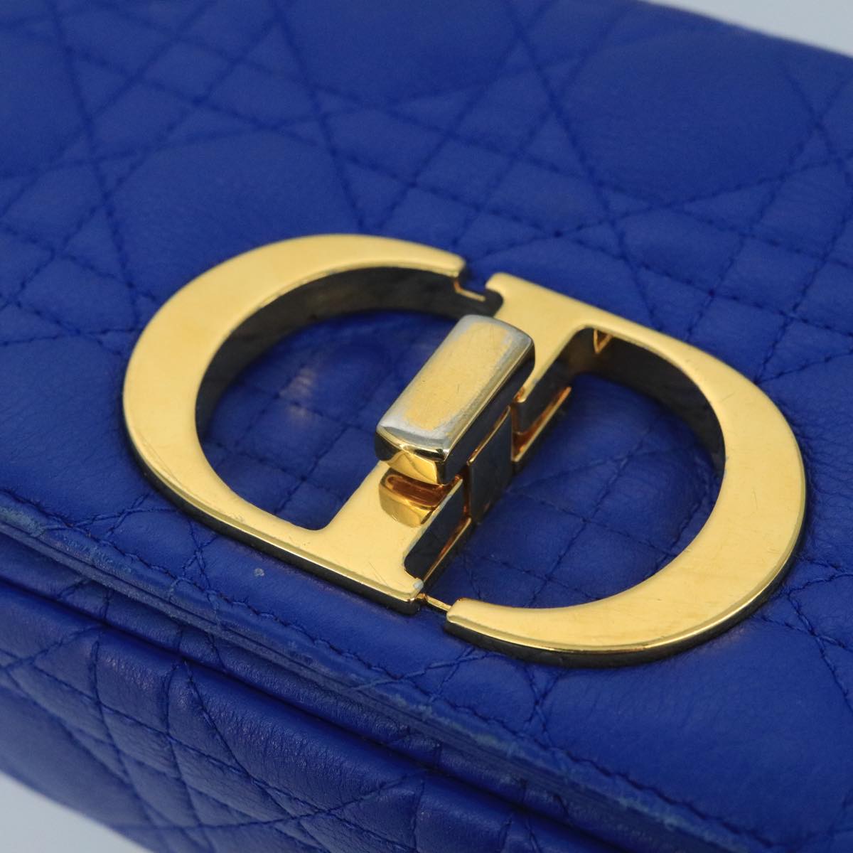 Christian Dior Canage Chain caro Shoulder Bag Leather Blue Gold Auth 101549