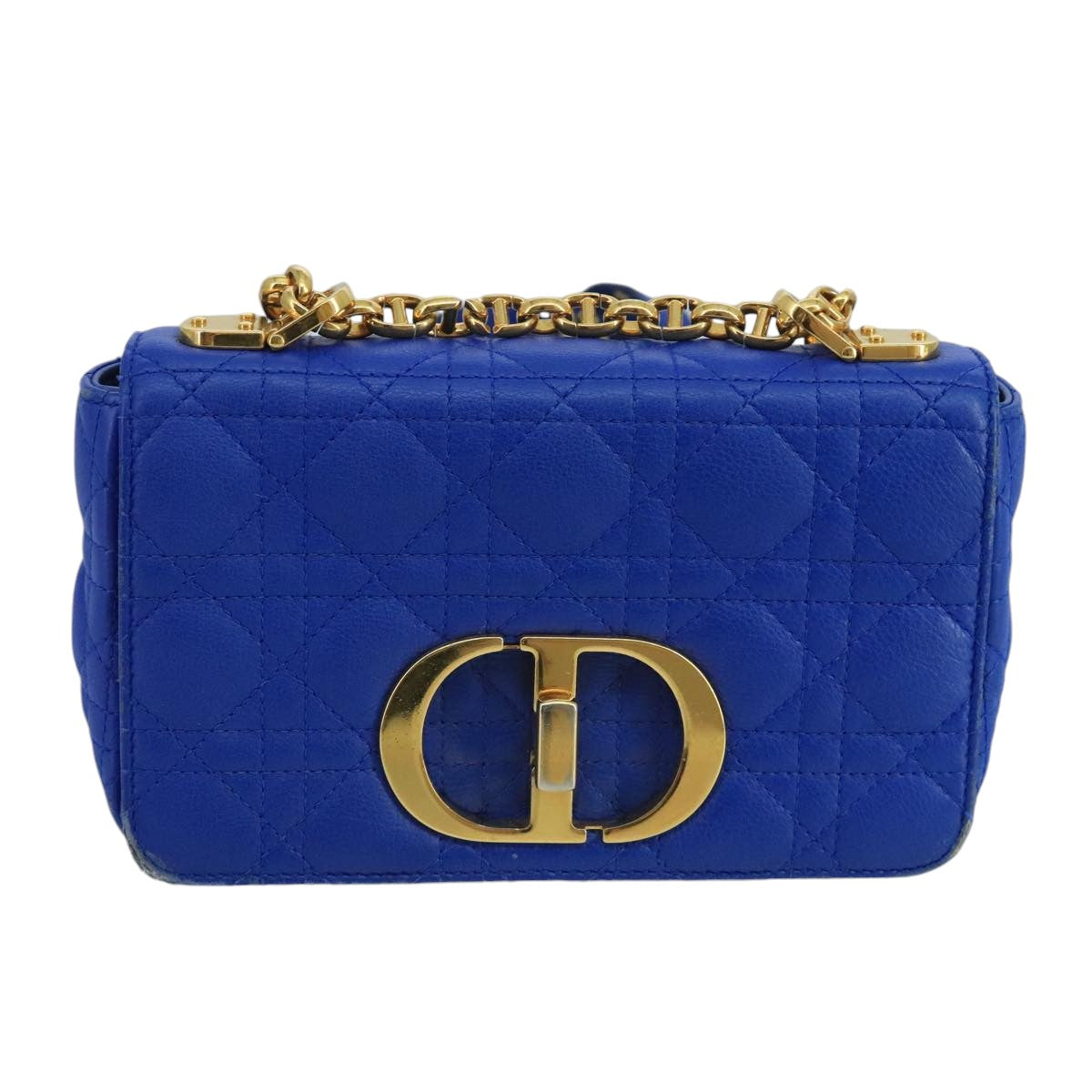 Christian Dior Canage Chain caro Shoulder Bag Leather Blue Gold Auth 101549