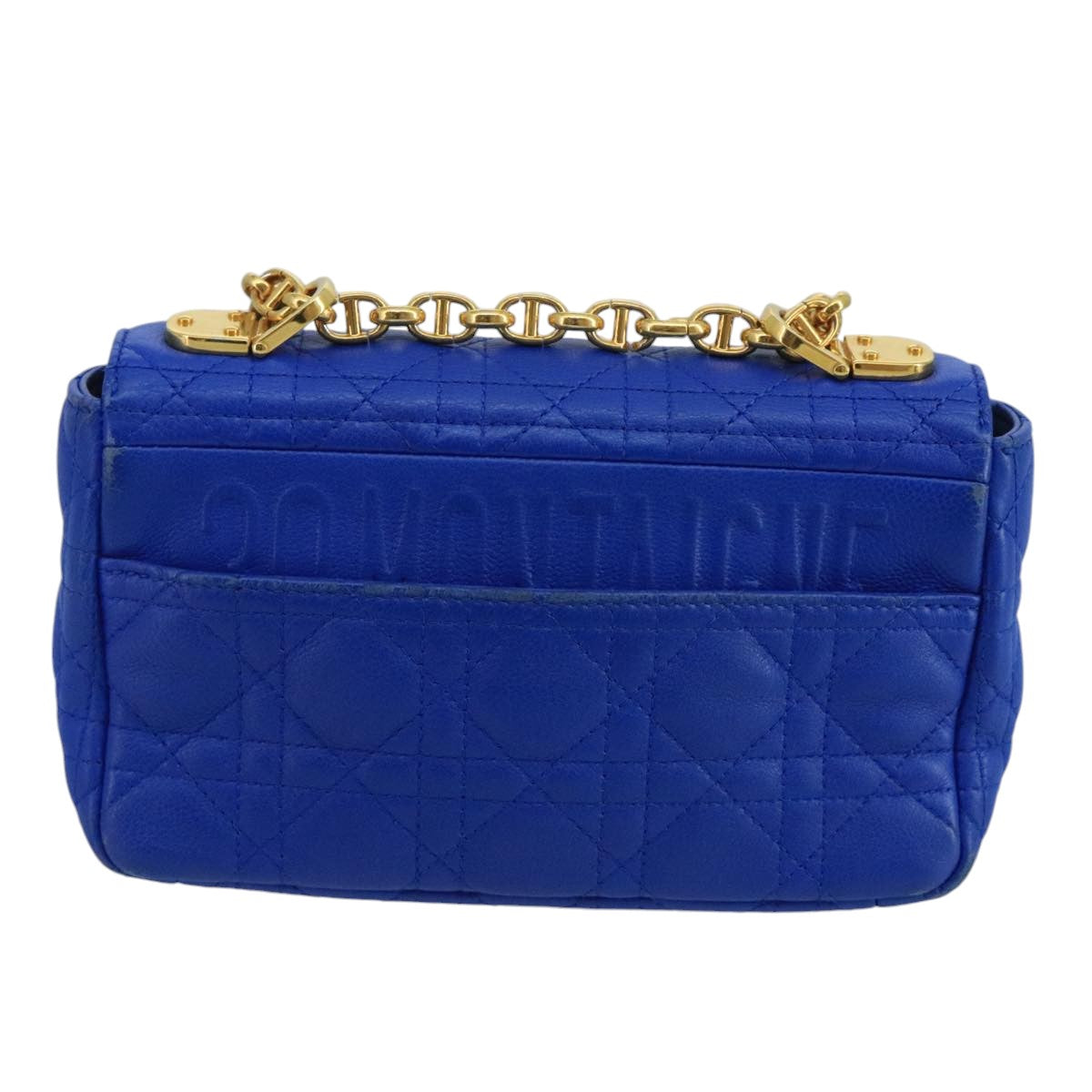 Christian Dior Canage Chain caro Shoulder Bag Leather Blue Gold Auth 101549