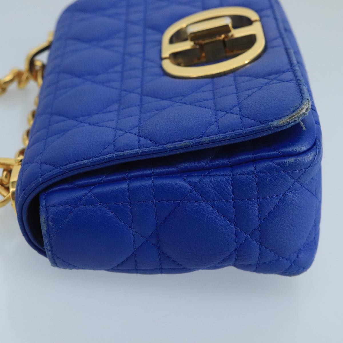 Christian Dior Canage Chain caro Shoulder Bag Leather Blue Gold Auth 101549