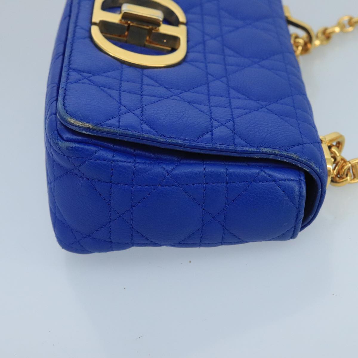 Christian Dior Canage Chain caro Shoulder Bag Leather Blue Gold Auth 101549