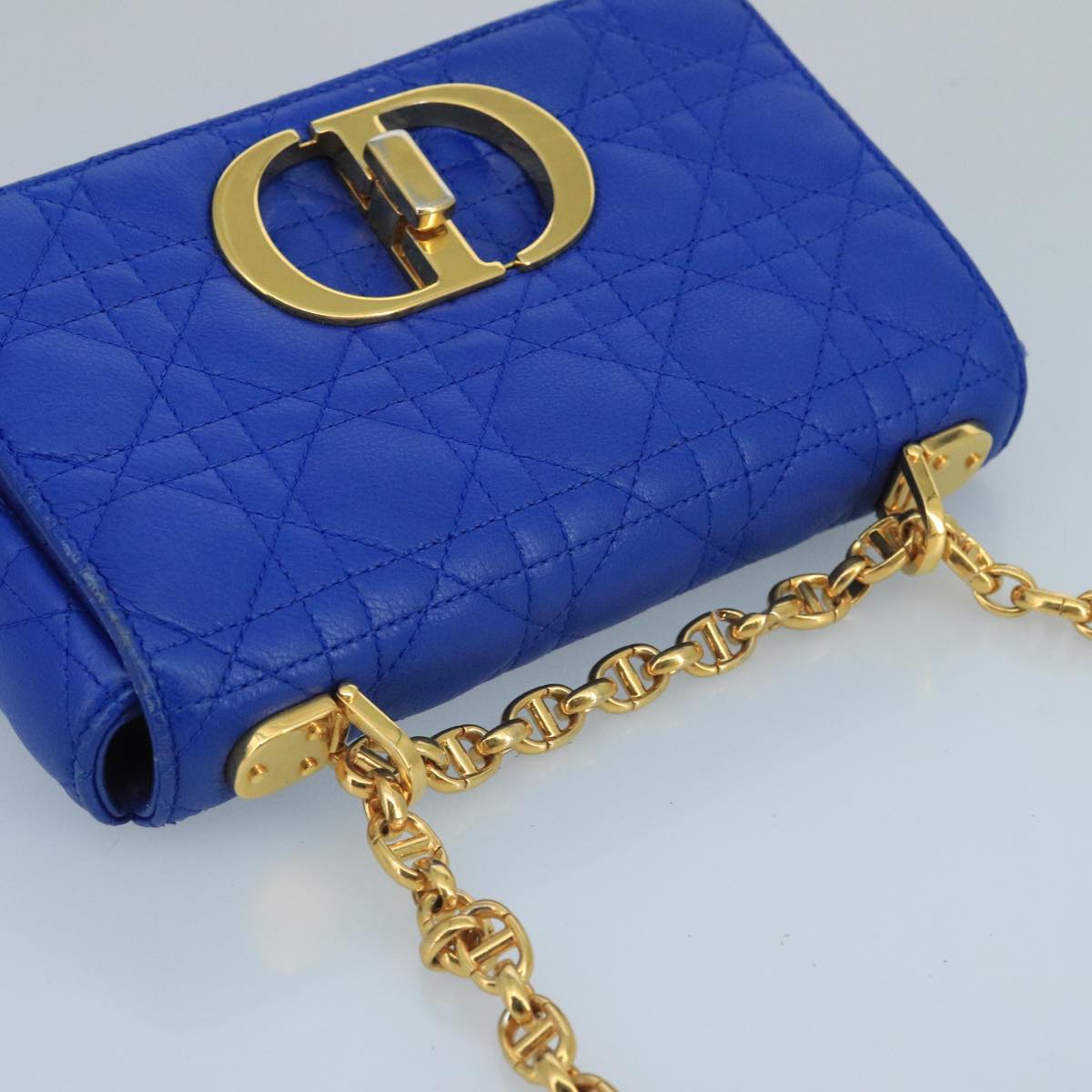 Christian Dior Canage Chain caro Shoulder Bag Leather Blue Gold Auth 101549