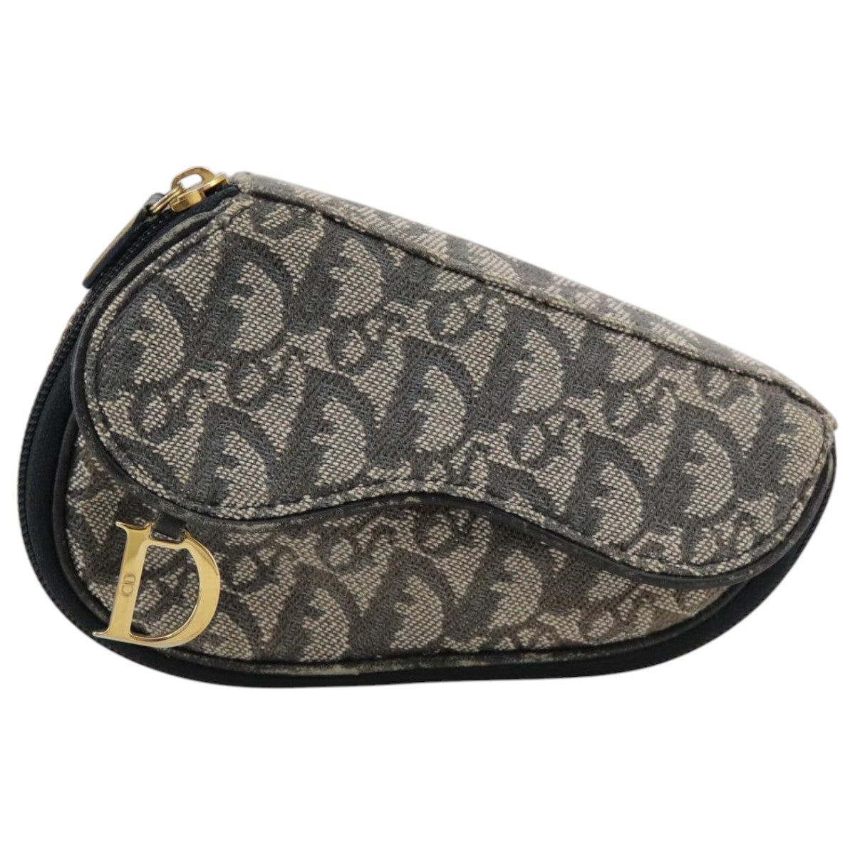 Christian Dior Trotter Canvas Saddle Pouch Navy Gold Auth 101852