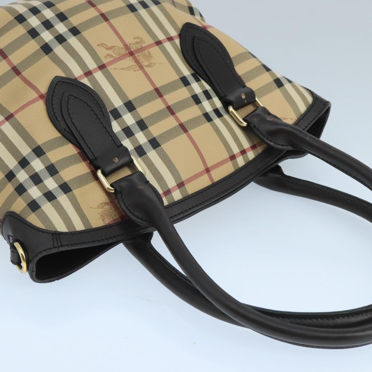 BURBERRY Nova Check Hand Bag PVC Leather Beige Auth 101879