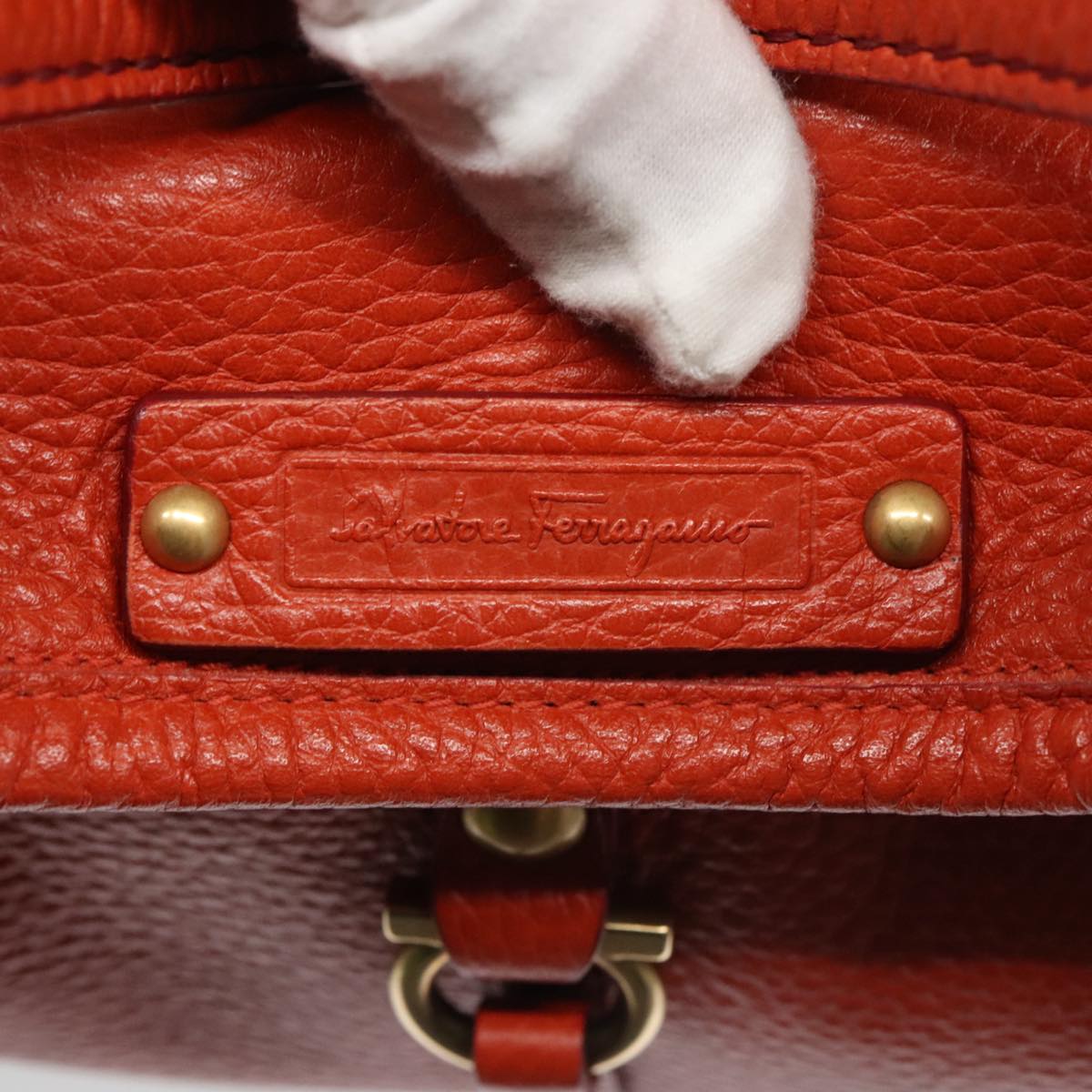 Salvatore Ferragamo Gancini Hand Bag Leather Orange Gold Auth 101900