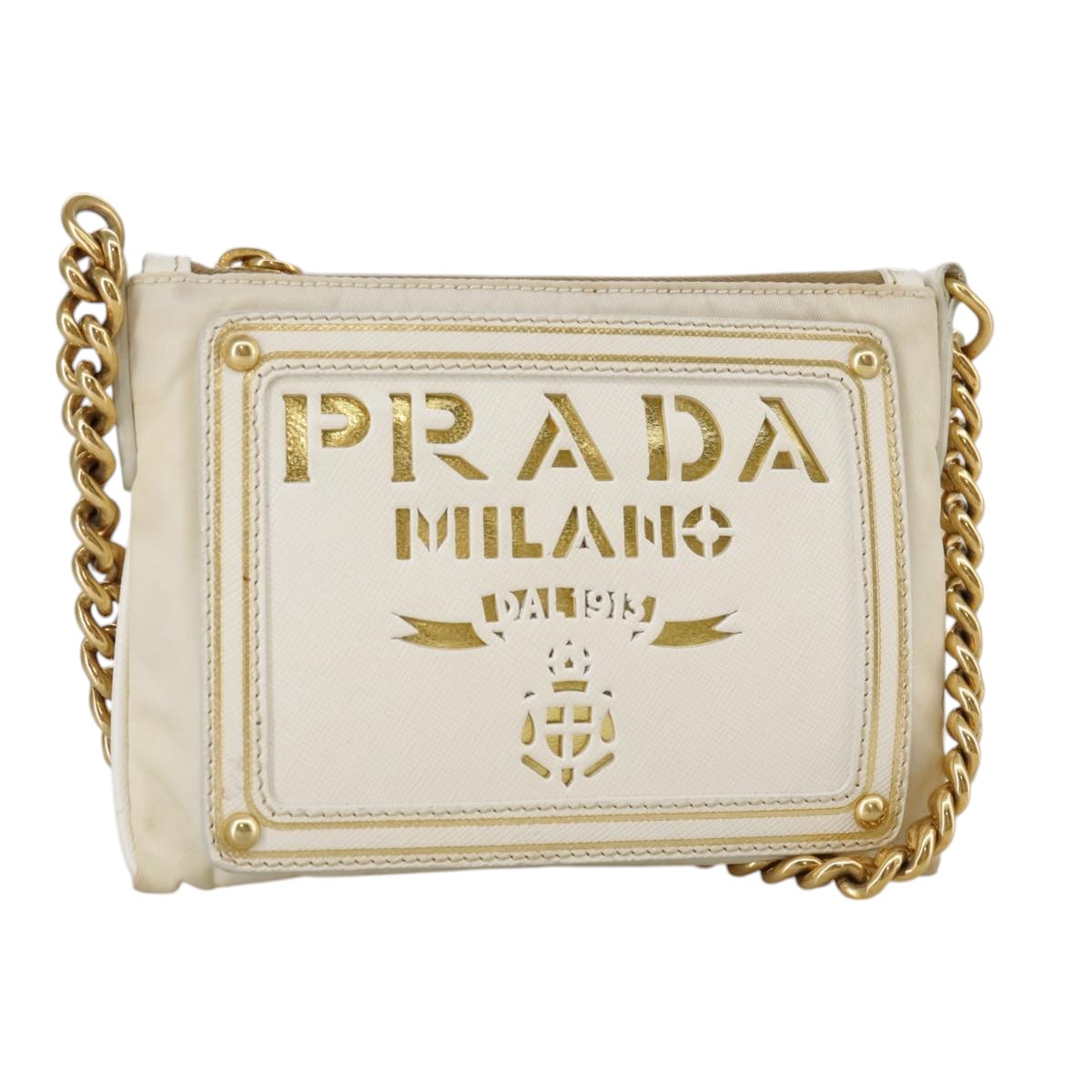 PRADA Chain Shoulder Bag Nylon White Gold Auth 101901