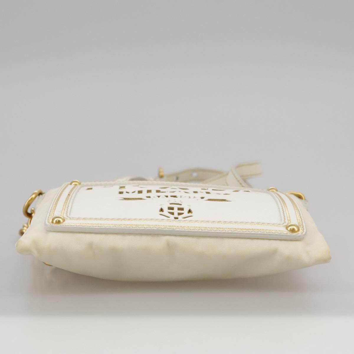 PRADA Chain Shoulder Bag Nylon White Gold Auth 101901