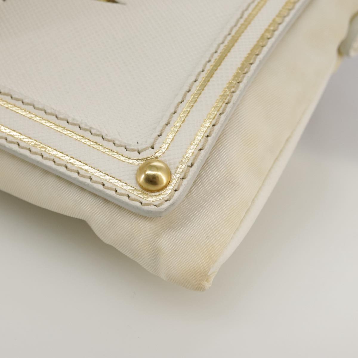 PRADA Chain Shoulder Bag Nylon White Gold Auth 101901