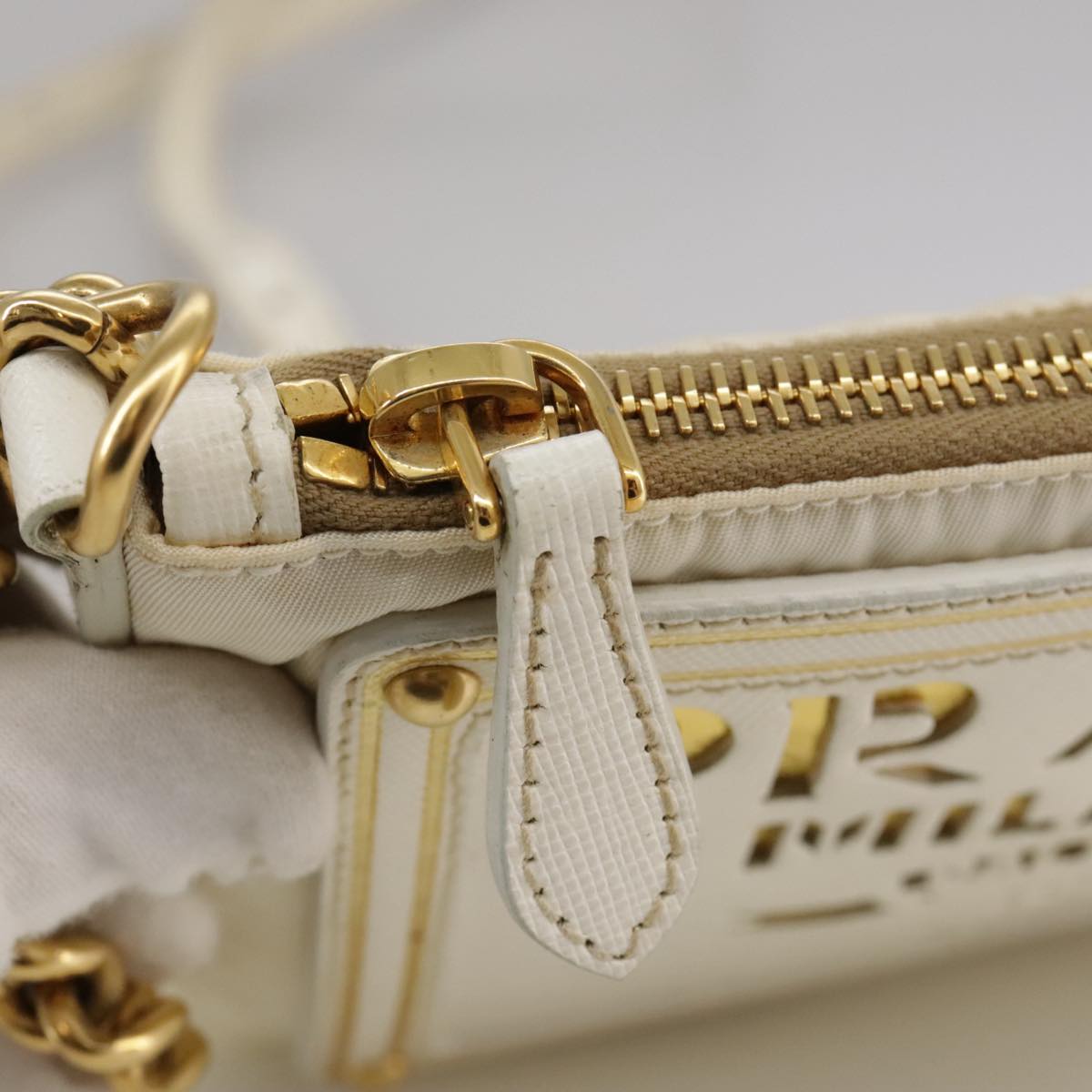PRADA Chain Shoulder Bag Nylon White Gold Auth 101901