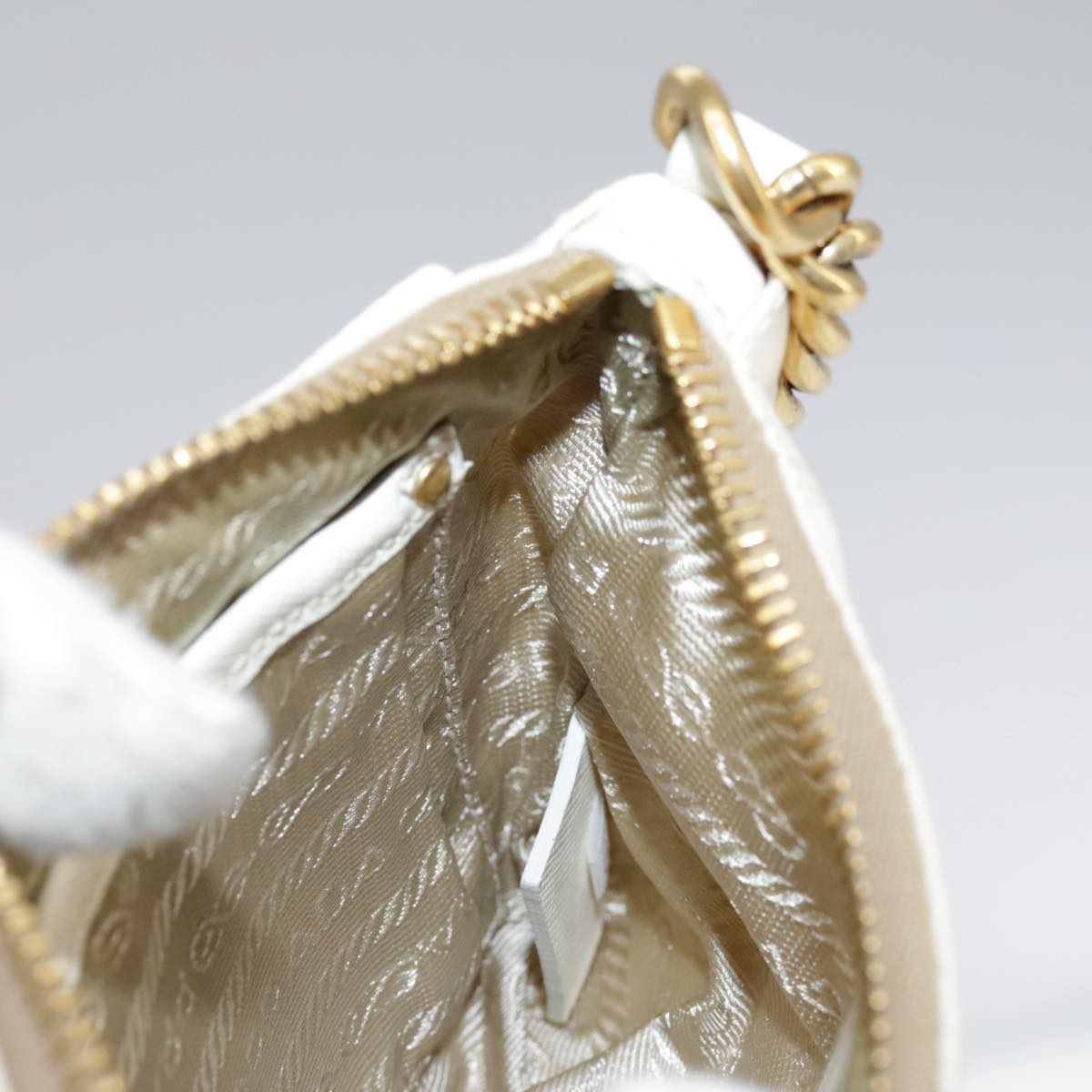 PRADA Chain Shoulder Bag Nylon White Gold Auth 101901